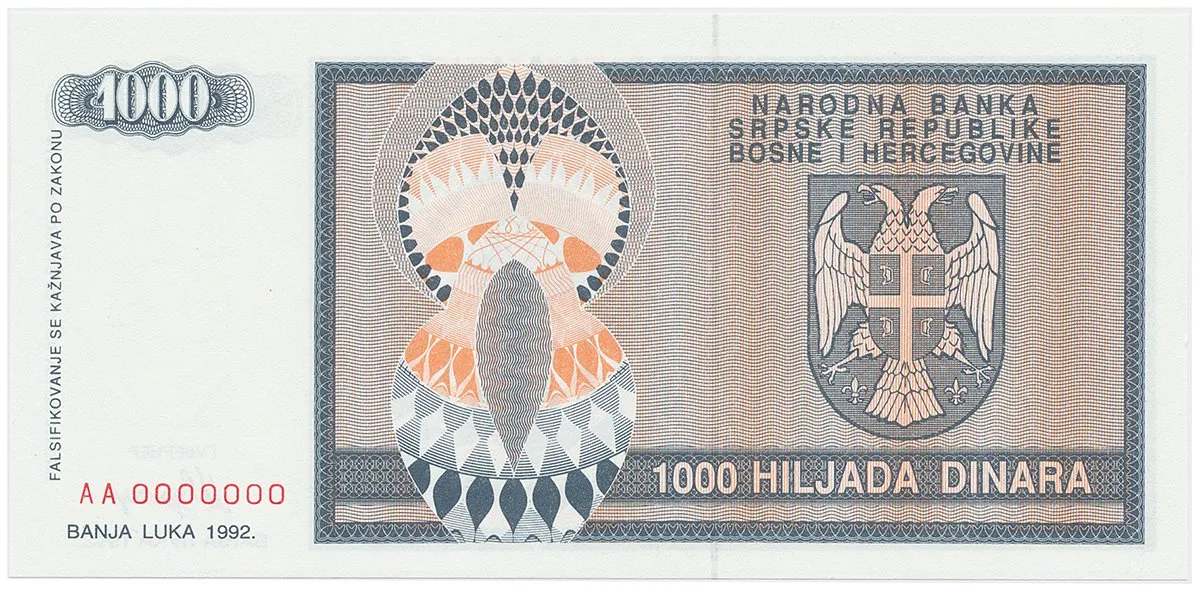 Bosna a Hercegovina, 1000 Dinara 1992, anulát, AA 0000000, P.137