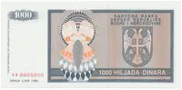 Bosna a Hercegovina, 1000 Dinara 1992, anulát, AA 0000000, P.137