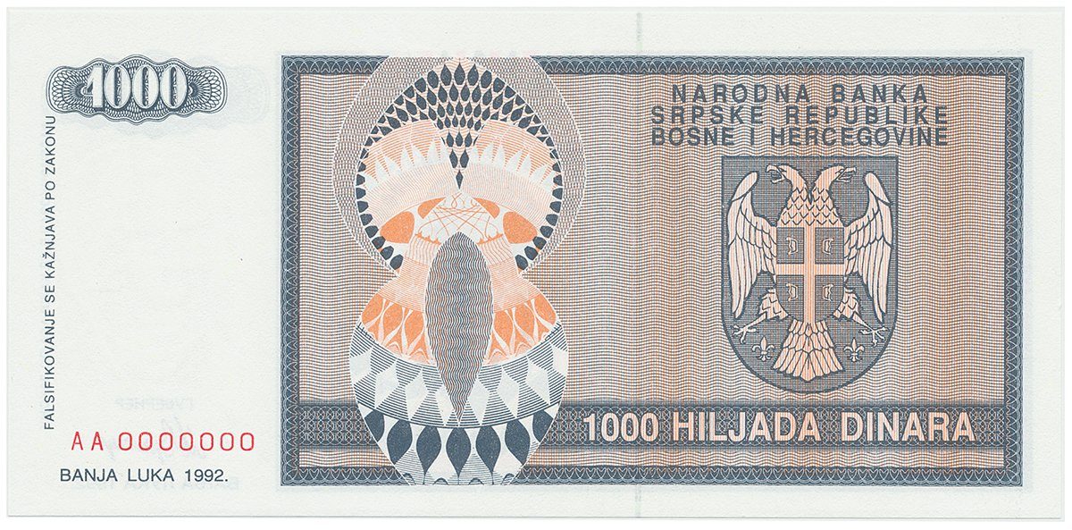 Bosna a Hercegovina, 1000 Dinara 1992, anulát, AA 0000000, P.137
