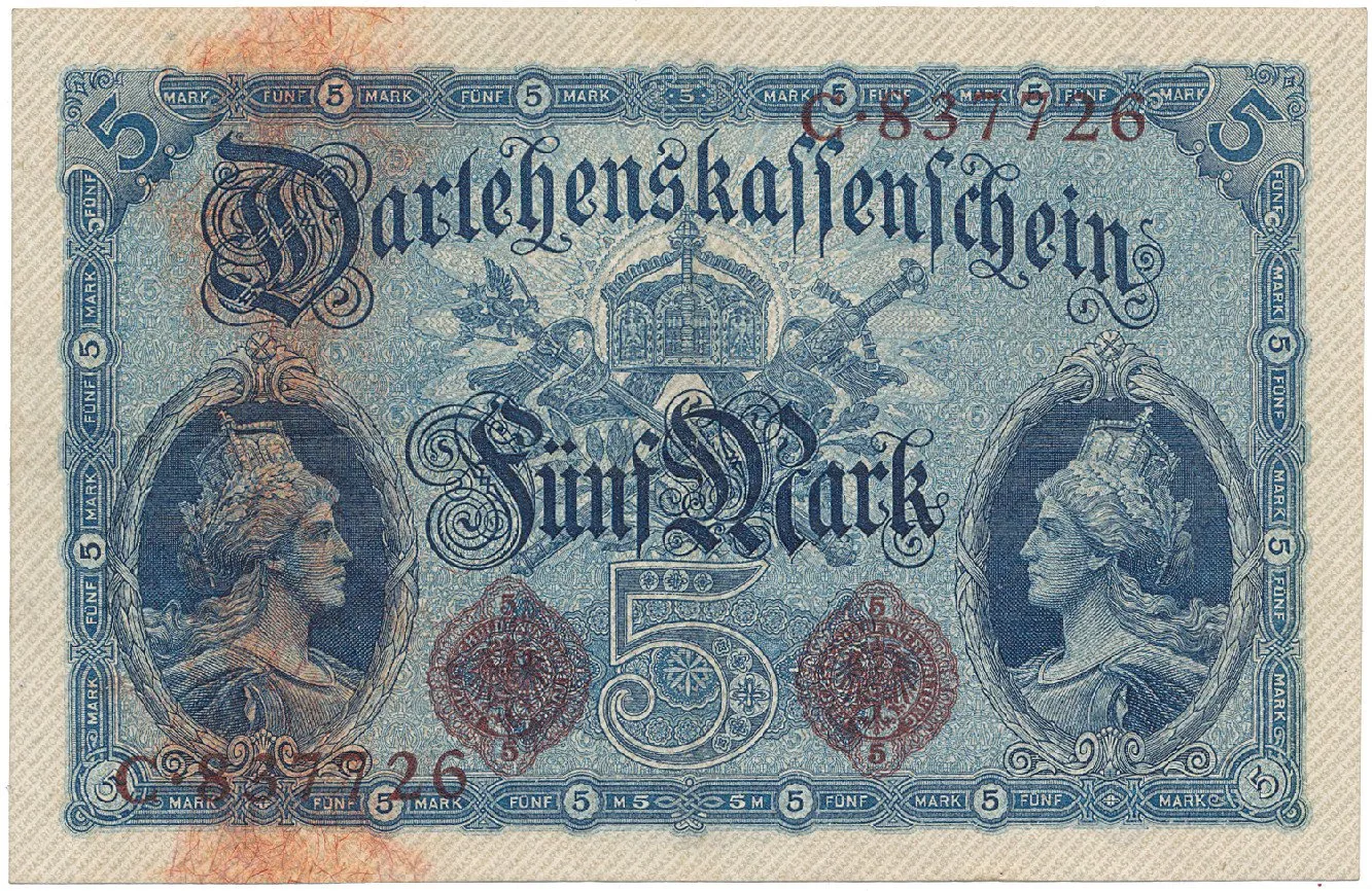 Německo, 5 Mark 1914, 6-místný číslovač, Ros.48a