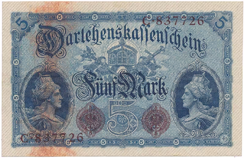 Německo, 5 Mark 1914, 6-místný číslovač, Ros.48a