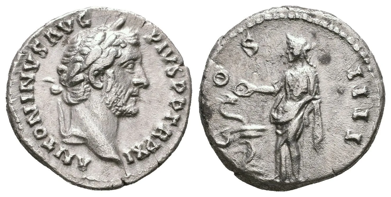 Denár, 148 - 149, Rv: COS IIII, stojící Salus zleva krmí hada na oltáři, — 1