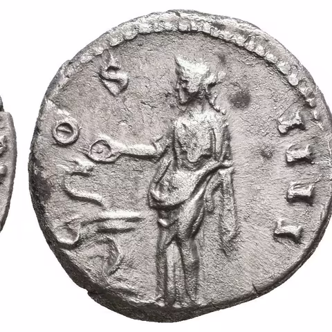 Denár, 148 - 149, Rv: COS IIII, stojící Salus zleva krmí hada na oltáři,