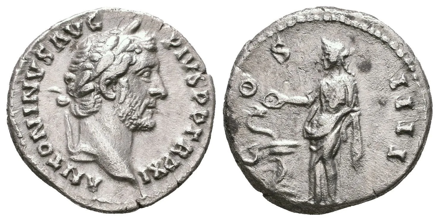 Denár, 148 - 149, Rv: COS IIII, stojící Salus zleva krmí hada na oltáři, — 1