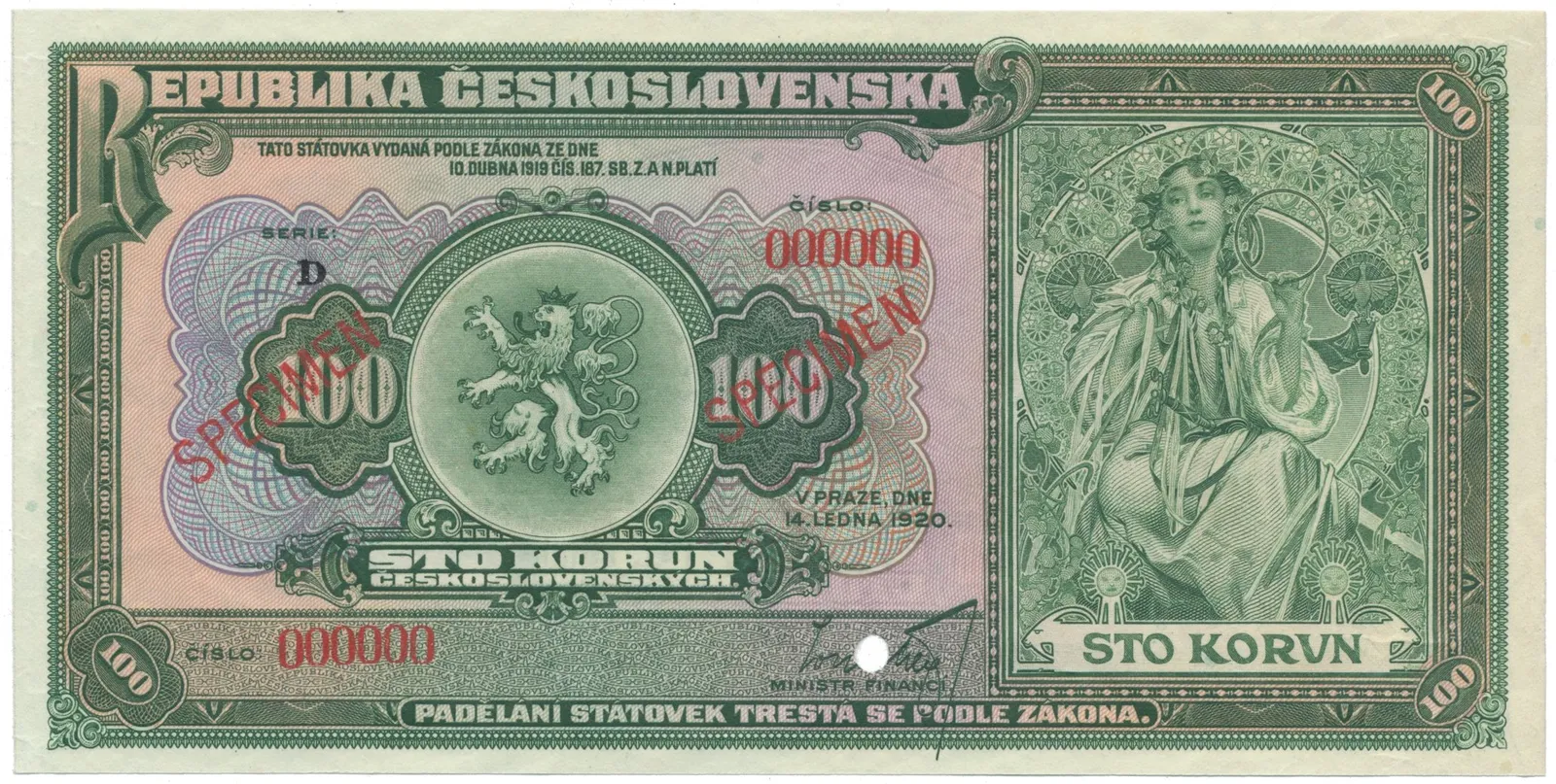 100 Koruna 1920, série D, anulát, Hej.16V1b