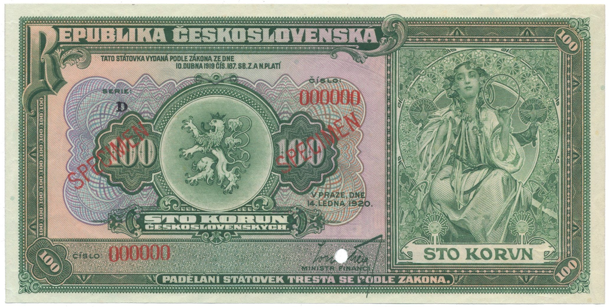 100 Koruna 1920, série D, anulát, Hej.16V1b