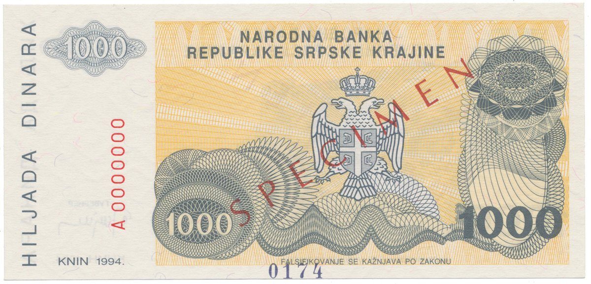 Chorvatsko, 1000 Dinara 1994, anulát - SPECIMEN, P.R30s