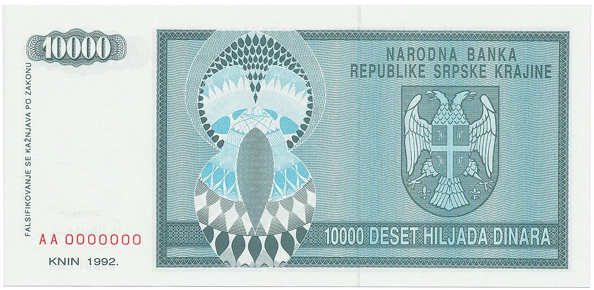 Chorvatsko - Srbská Krajina, 10.000 Dinara 1992, anulát, AA 0000000, P.R7
