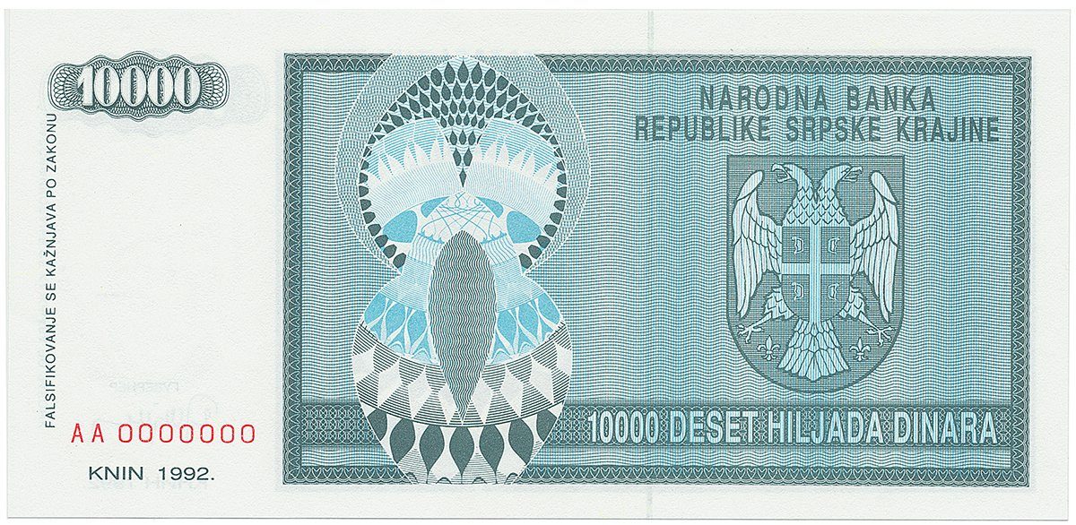 Chorvatsko - Srbská Krajina, 10.000 Dinara 1992, anulát, AA 0000000, P.R7