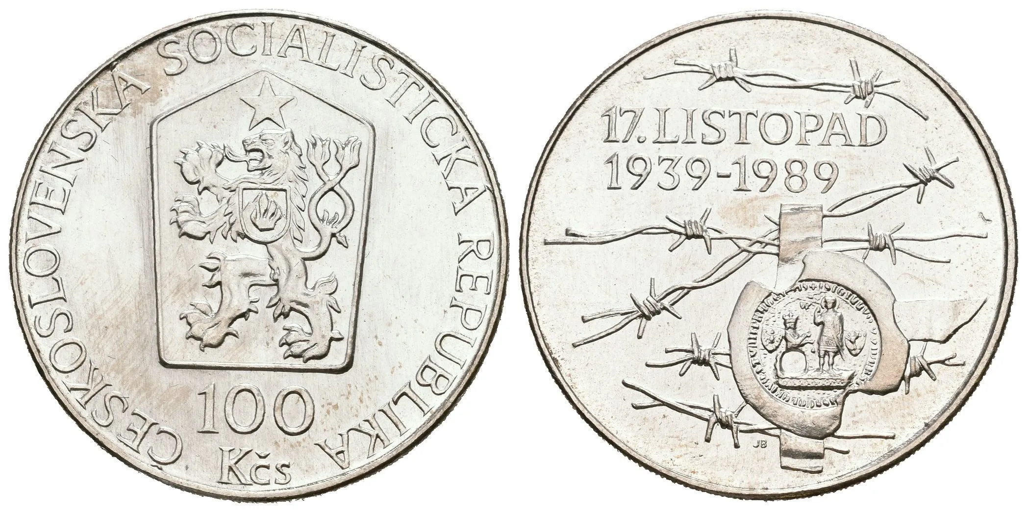 100 Kčs 1989 - 17. listopad 1939, ražební lesk, patina — 1