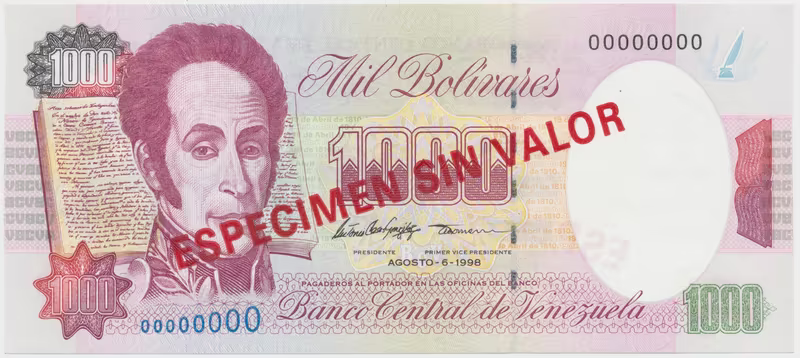 Venezuela, 1000 Bolivares 1998, anulát - ESPECIMEN SIN VALOR, P.76ds