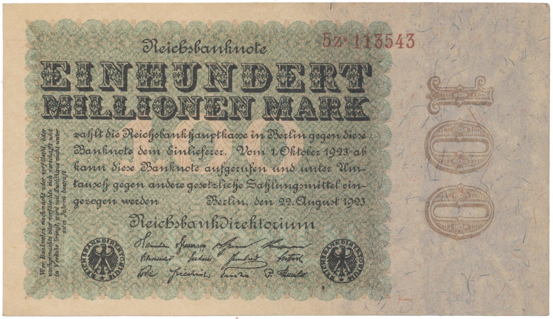 Německo, 100 Millionen Mark 1923, Eichenlaub, Ro.106c