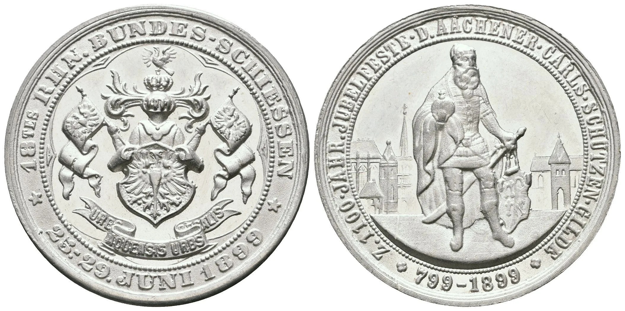 AE Medaile 1889 - 18. Rýnské spolkové střelby k 1100. výročí Aachenského střel. gildy císaře Karla. — 1