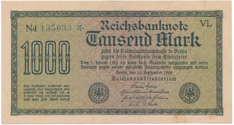 Německo, 1000 Mark 1922, vod. Gitter, zelené 6-místné číslo, Ro.75m