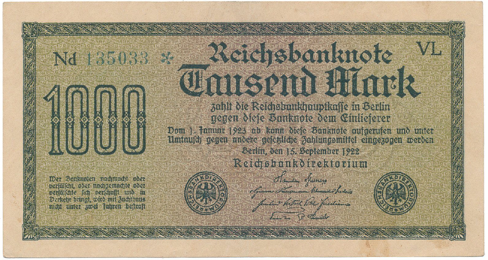 Německo, 1000 Mark 1922, vod. Gitter, zelené 6-místné číslo, Ro.75m