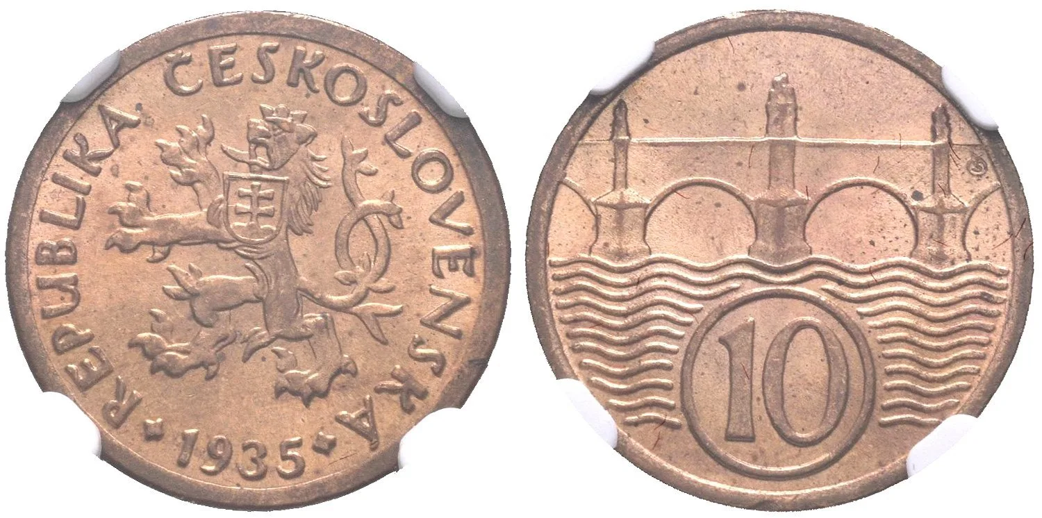 10 Haléř 1935, etue NGC, hodnocení MS 64 RD, luxusní zachovalost_R! — 1