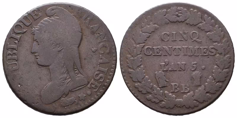 Francie Republika, 5 Centime rok 5 (1796-1797) BB