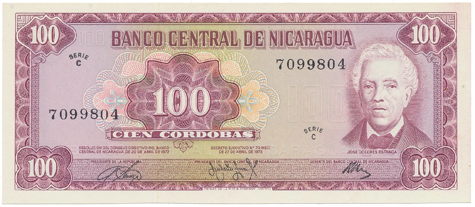Nikaragua, 100 Cordobas 1972, P.126