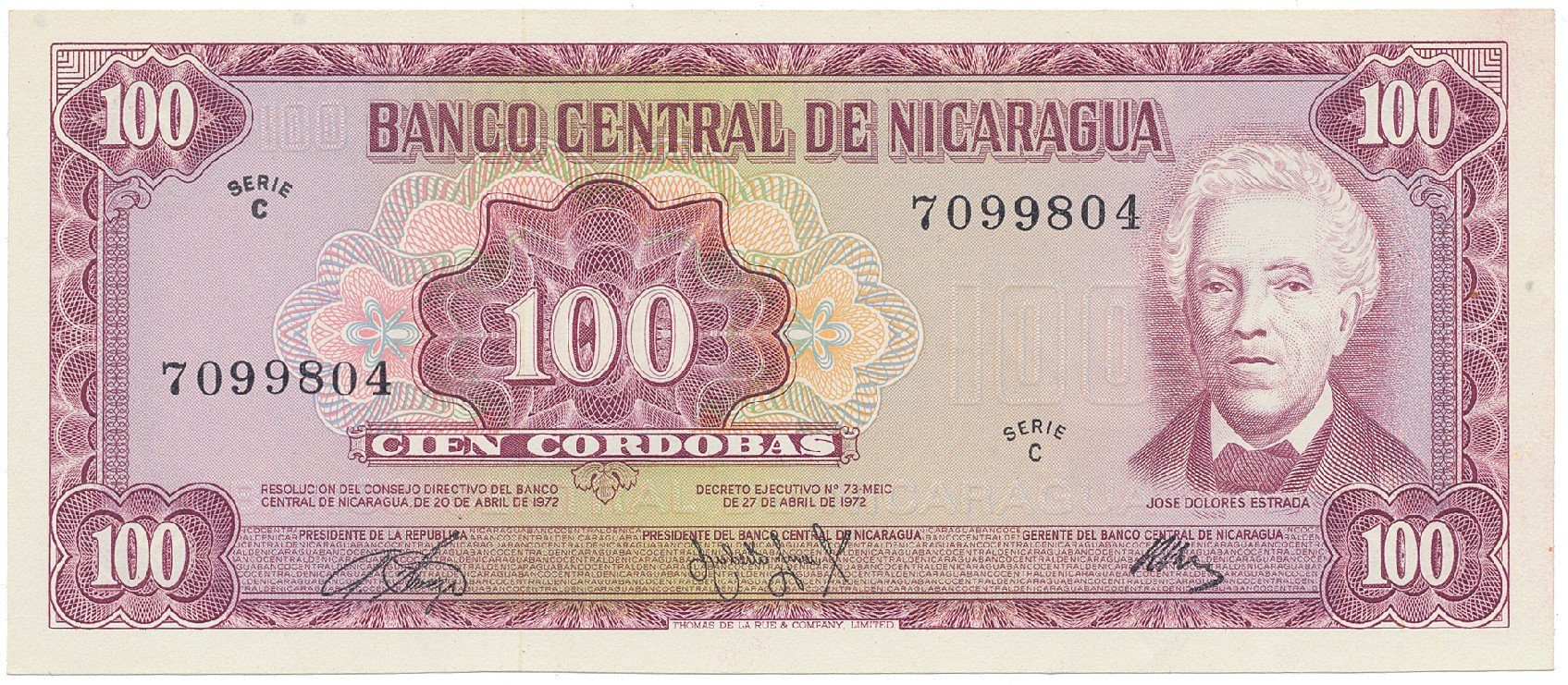 Nikaragua, 100 Cordobas 1972, P.126