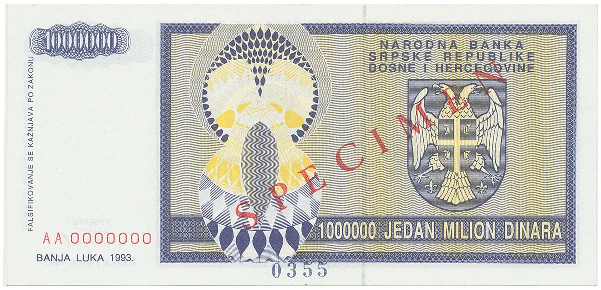 Bosna a Hercegovina, 1 Milion Dinara 1993, bankovní vzor, AA 0000000, přet. SPECIMEN, P.142s