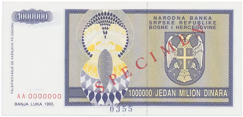 Bosna a Hercegovina, 1 Milion Dinara 1993, bankovní vzor, AA 0000000, přet. SPECIMEN, P.142s