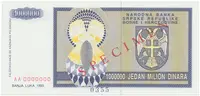 Bosna a Hercegovina, 1 Milion Dinara 1993, bankovní vzor, AA 0000000, přet. SPECIMEN, P.142s