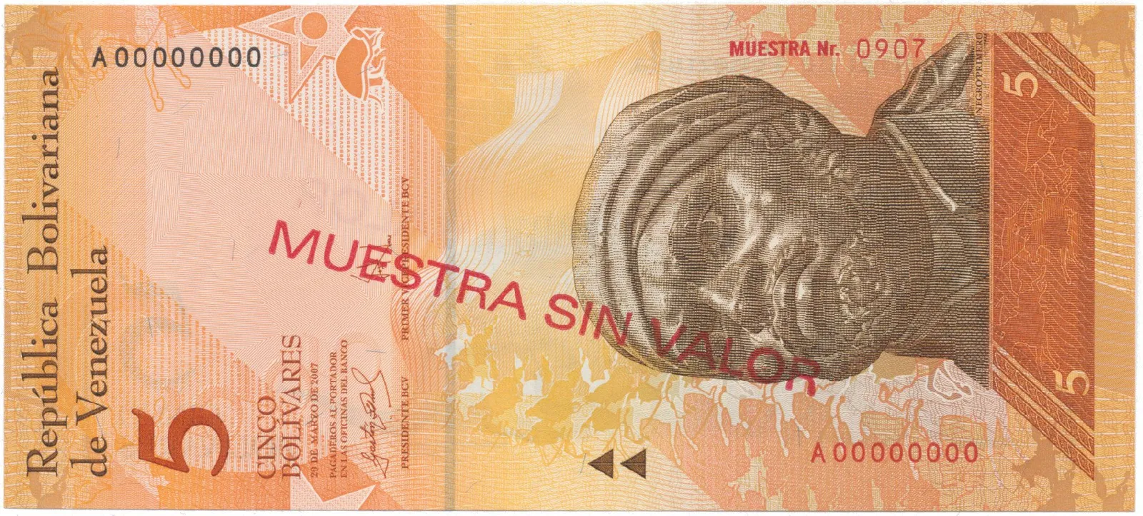 Venezuela, 5 Bolivares 2007, anulát - MUESTRA SIN VALOR, P.89as