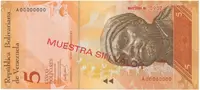 Venezuela, 5 Bolivares 2007, anulát - MUESTRA SIN VALOR, P.89as