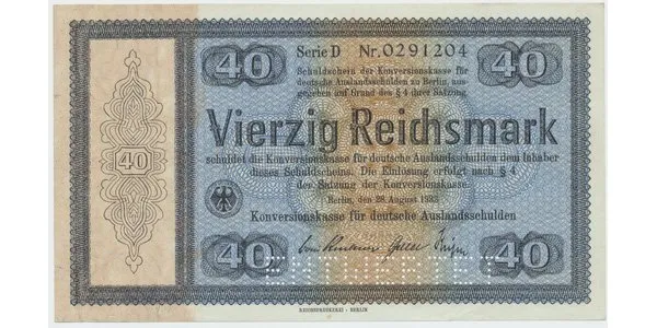 Německo - Konversionskasse, 40 RM 1933, perforace "ENTWERTET", Ro.703E1