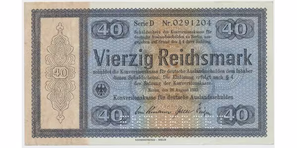 Německo - Konversionskasse, 40 RM 1933, perforace "ENTWERTET", Ro.703E1