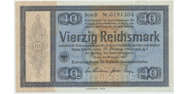 Německo - Konversionskasse, 40 RM 1933, perforace "ENTWERTET", Ro.703E1