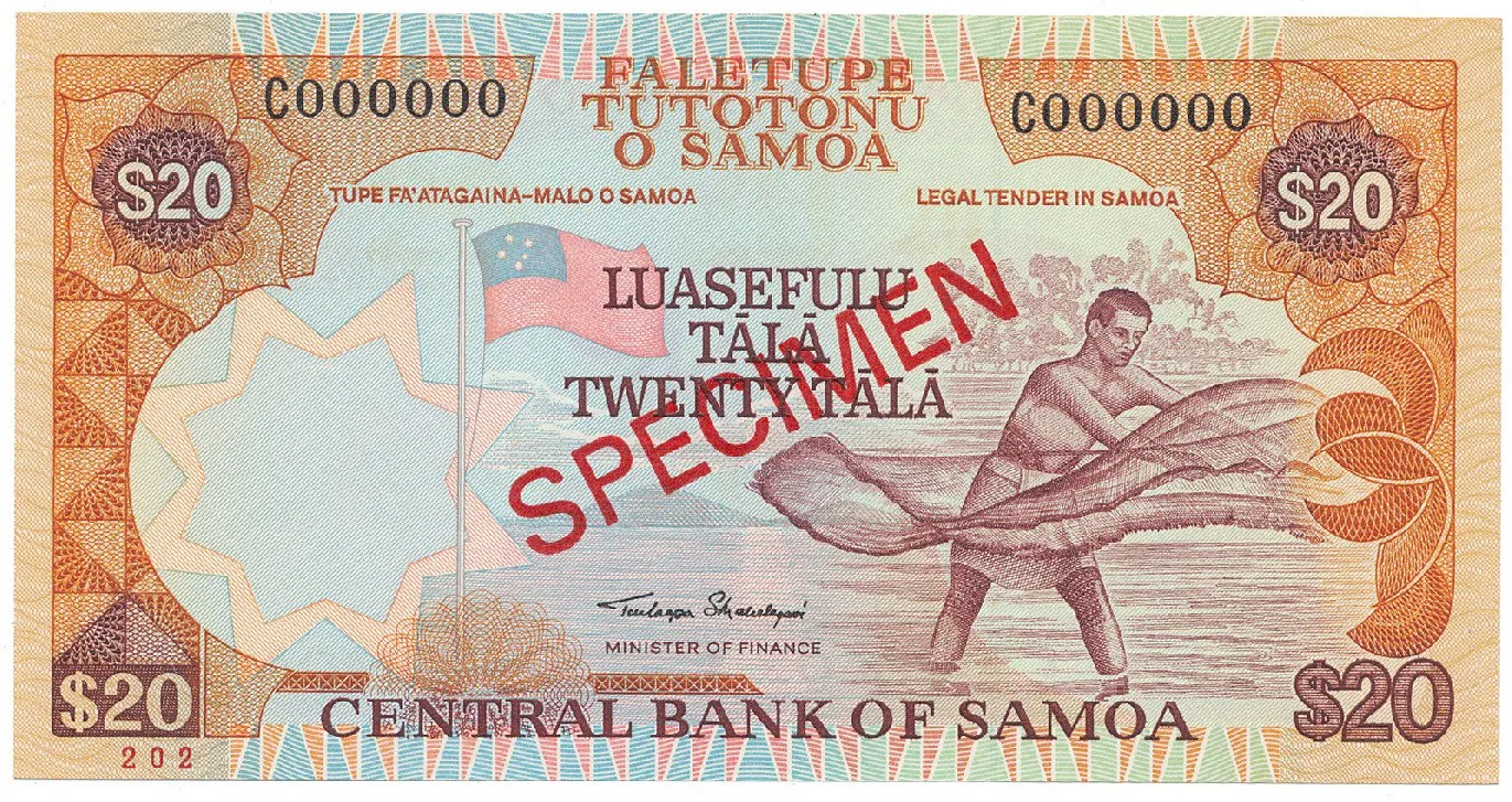 Samoa, 20 Tala (2002), bankovní vzor, C 000000, přetisk SPECIMEN, P.35as