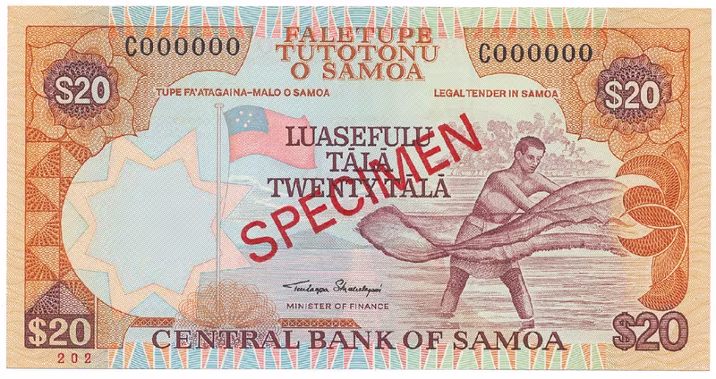 Samoa, 20 Tala (2002), bankovní vzor, C 000000, přetisk SPECIMEN, P.35as