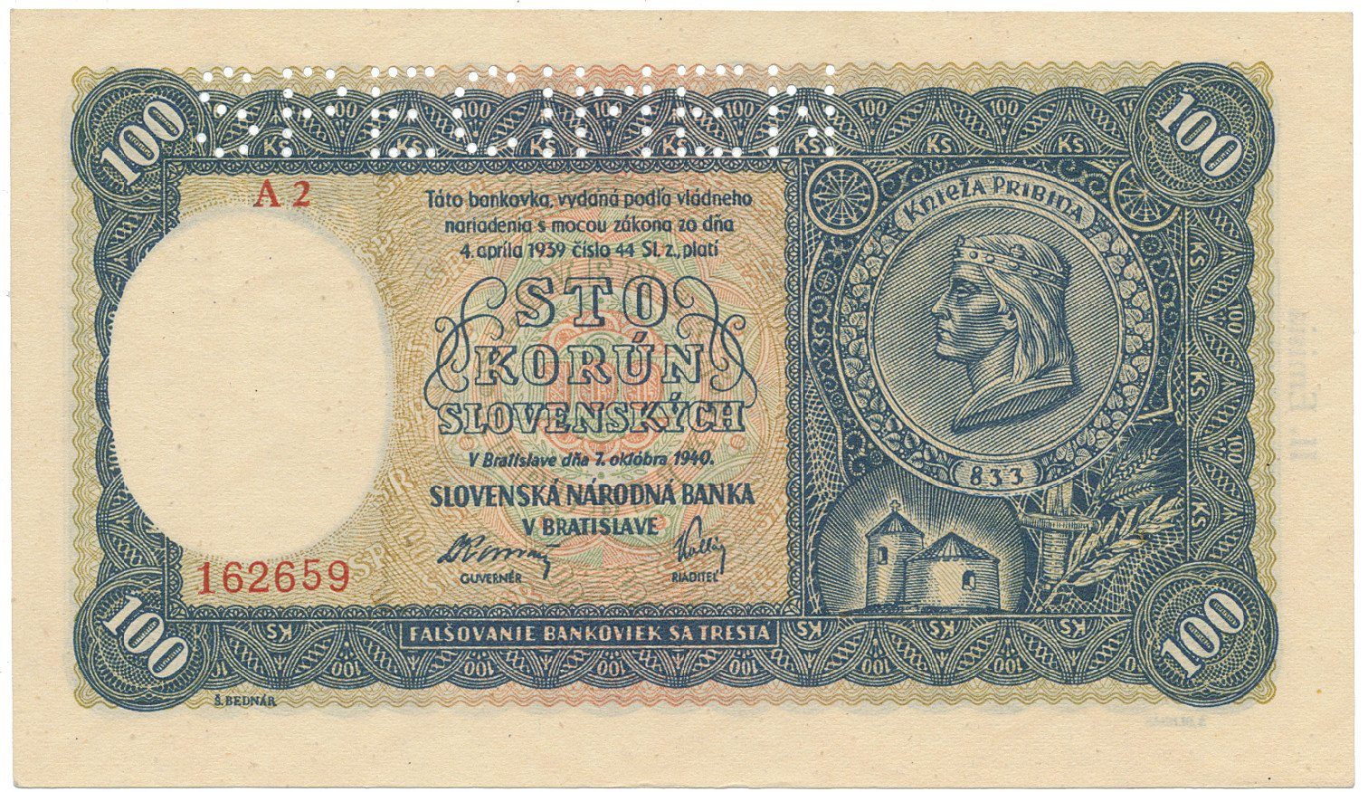 Slovensko, 100 Koruna 1940, II. vydání, série s 1 číslem, perf. 1x SPECIMEN nahoře, Hej.49a1.S1