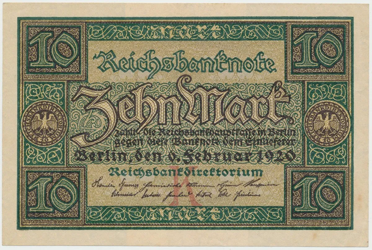 Německo, 10 Mark 1920, 7-místný číslovač, Ro.63a