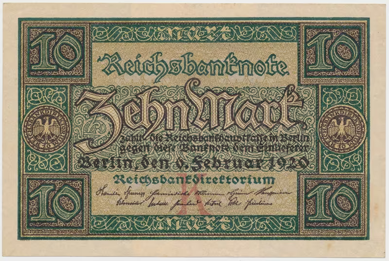 Německo, 10 Mark 1920, 7-místný číslovač, Ro.63a