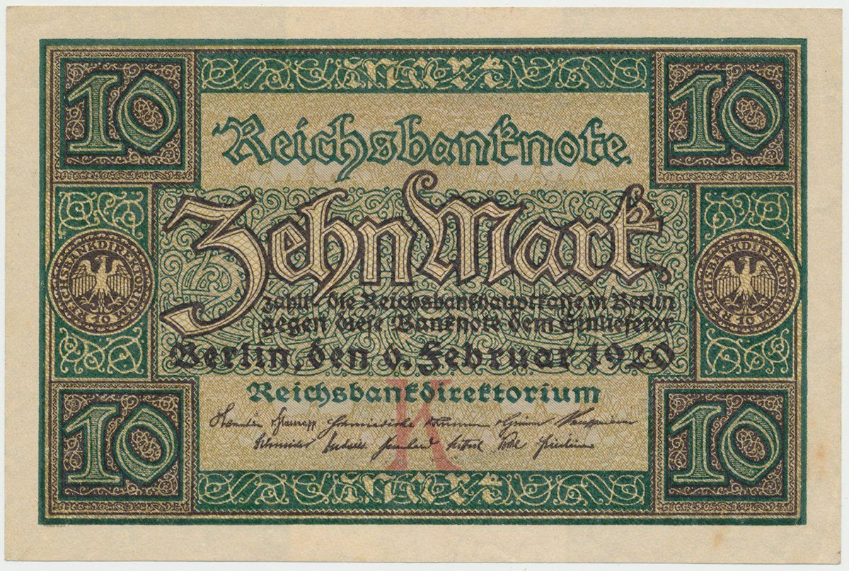 Německo, 10 Mark 1920, 7-místný číslovač, Ro.63a