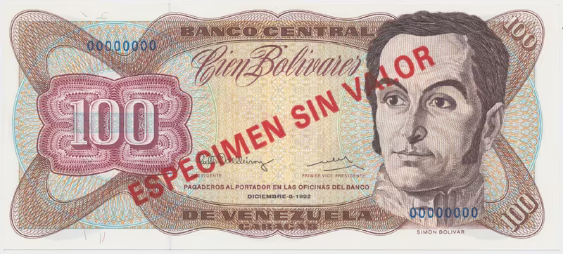 Venezuela, 100 Bolivares 1992, anulát - ESPECIMEN SIN VALOR, P.66es