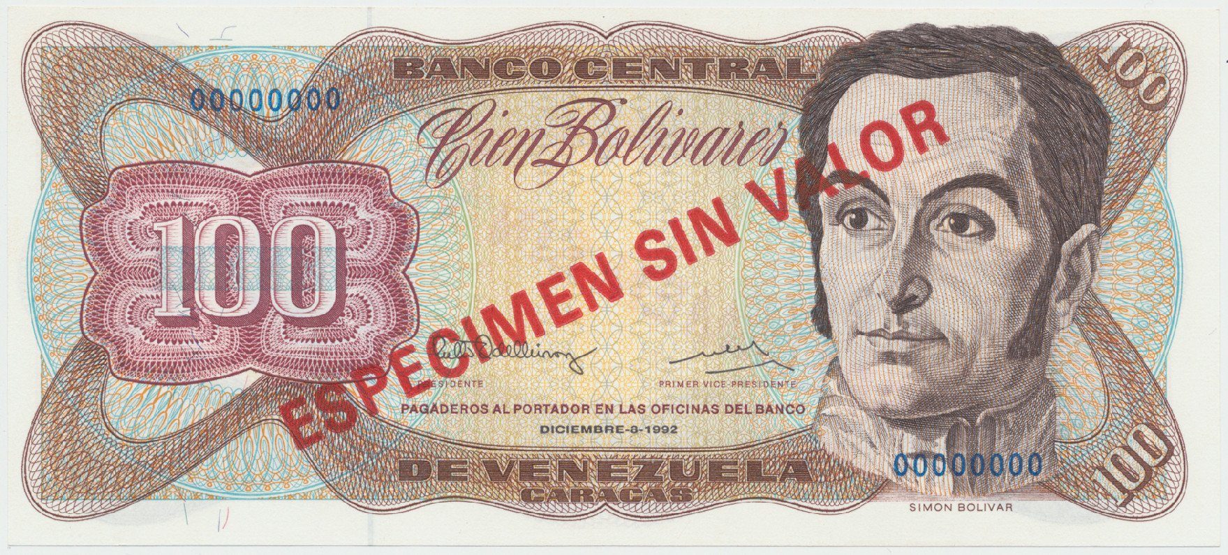 Venezuela, 100 Bolivares 1992, anulát - ESPECIMEN SIN VALOR, P.66es