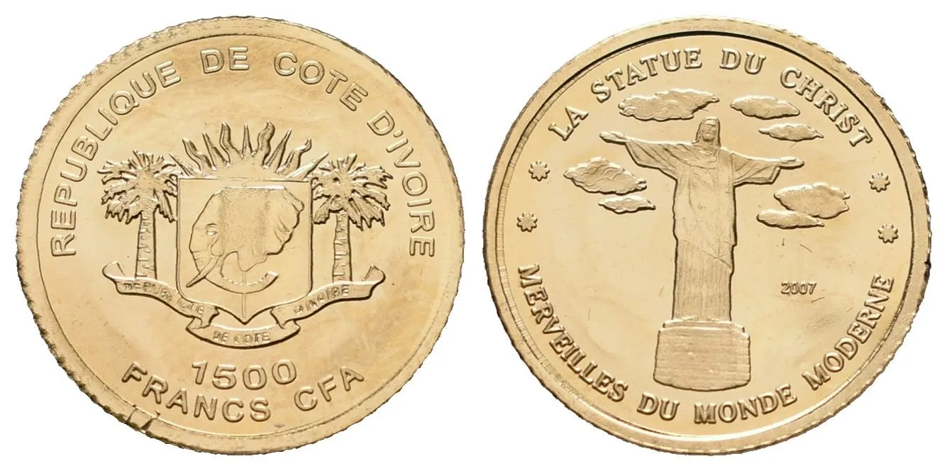 Pobřeží slonoviny, 1500 Francs 2007 - Socha Krista Spasitele
