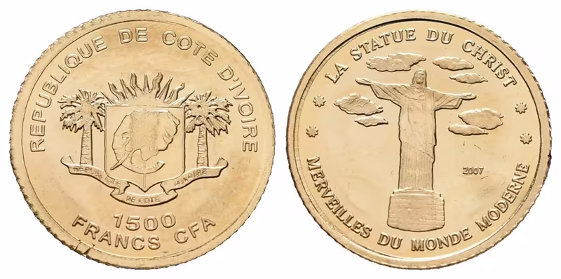 Pobřeží slonoviny, 1500 Francs 2007 - Socha Krista Spasitele