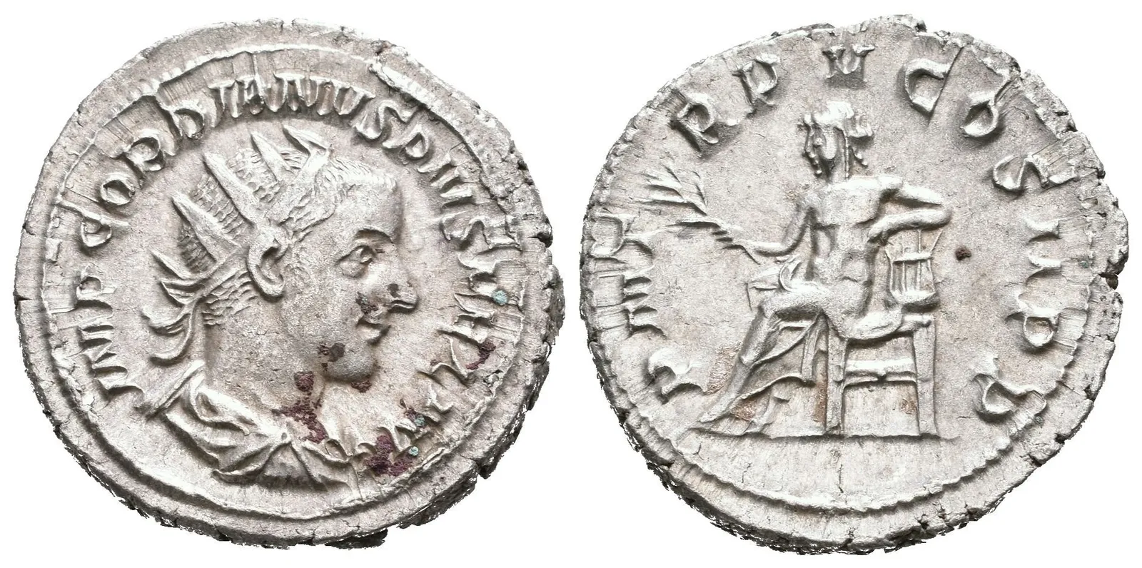Antoninian, 241 - 243, Rv: P M TR P V COS II P P, sedící Apollo zleva — 1
