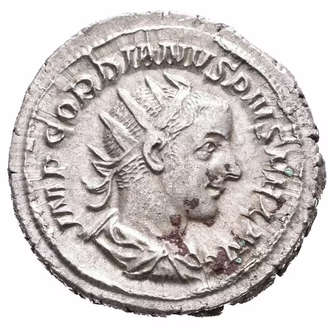 Antoninian, 241 - 243, Rv: P M TR P V COS II P P, sedící Apollo zleva