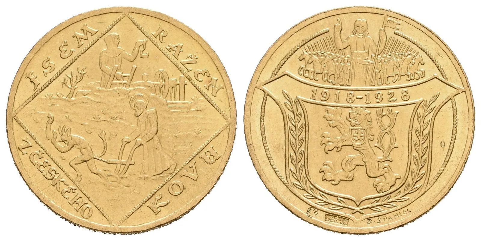 Dvoudukátová medaile 1928 (O. Španiel) - 10. výročí vzniku republiky. Český lev ve štítě, — 1