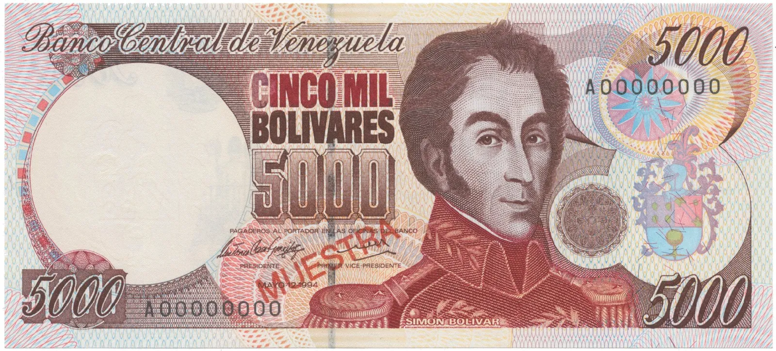 Venezuela, 5000 Bolivares 1994, anulát - MUESTRA, P.75as