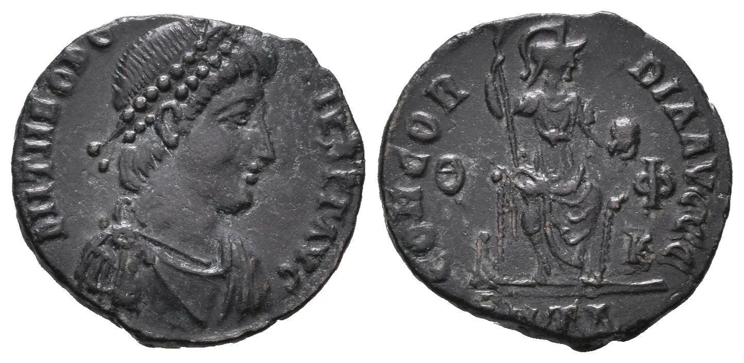 AE 3, Antiochia, 378 - 383, Rv: CONCORDIA AVGGG, sedící Constantinopolis čelně, — 1