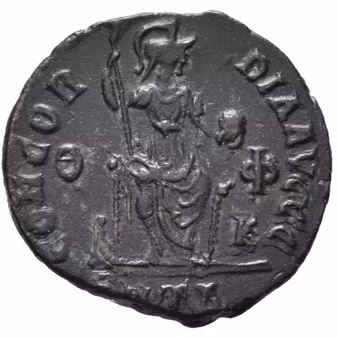 AE 3, Antiochia, 378 - 383, Rv: CONCORDIA AVGGG, sedící Constantinopolis čelně,
