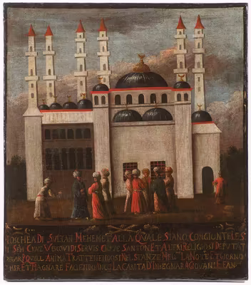 Attributed to Jean-Baptiste Vanmour (1671–1737).  - 
The Mosque of Sultan Mehmed with Figures in Conversation