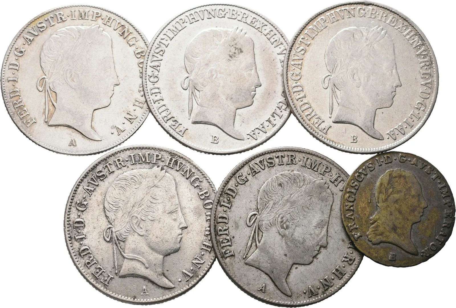 Ferdinand V., 20 Krejcar 1841, 1844, 1845, 2x 1848 a 3 Krejcar 1821, lot 6 ks