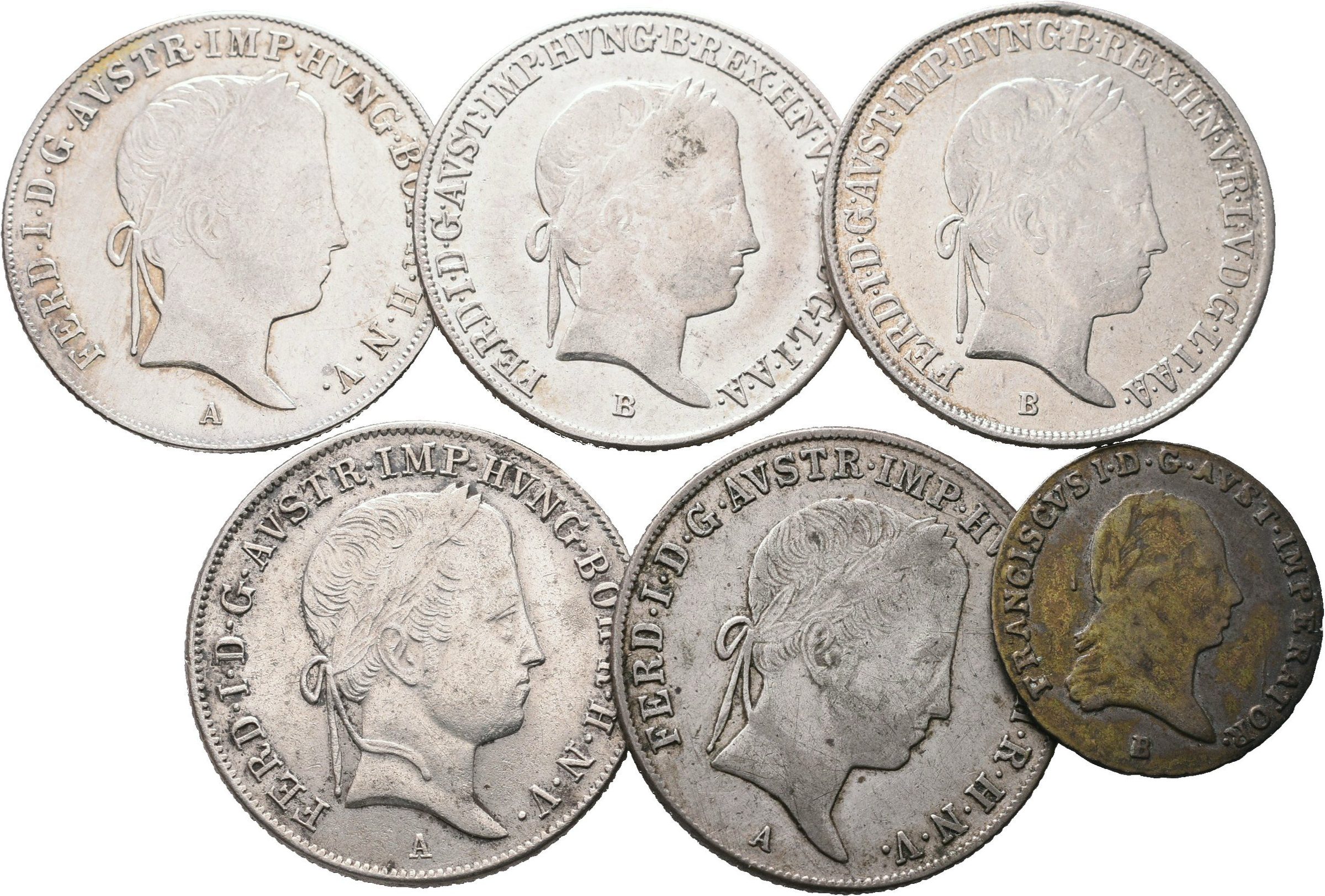 Ferdinand V., 20 Krejcar 1841, 1844, 1845, 2x 1848 a 3 Krejcar 1821, lot 6 ks